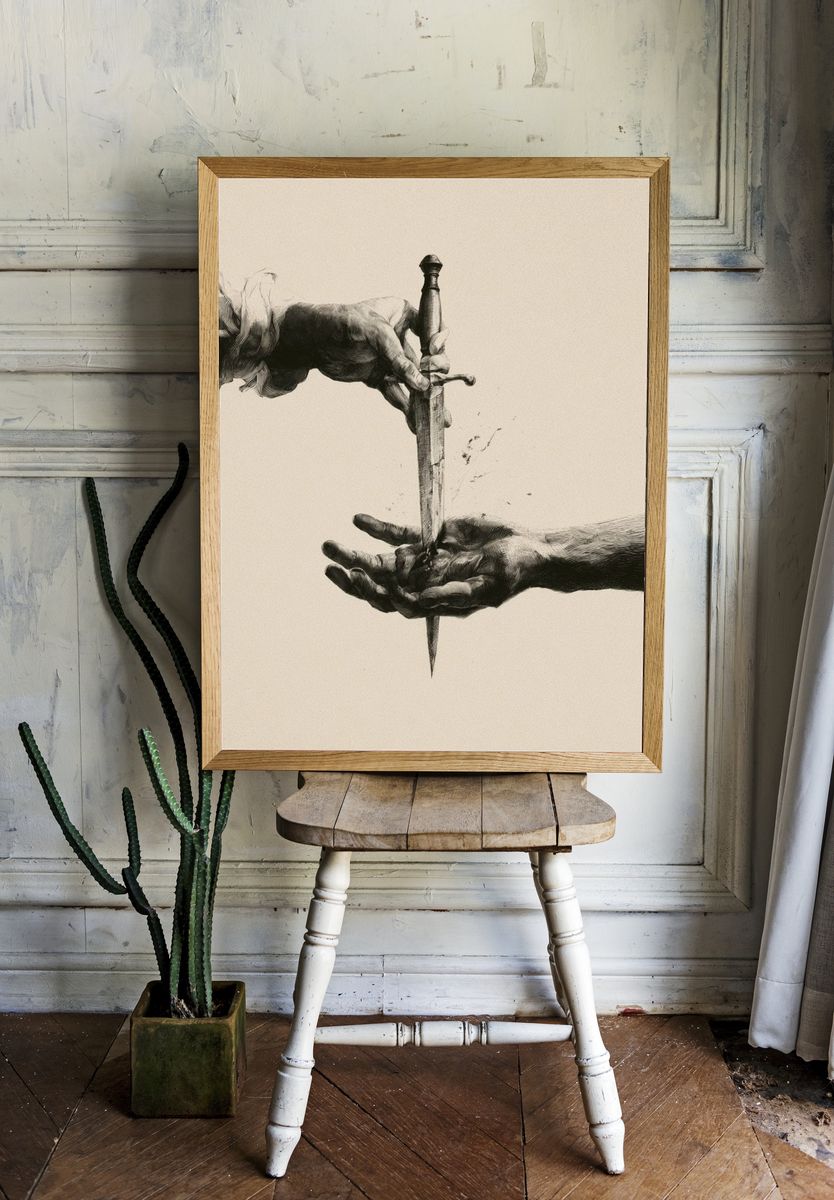 Hands and Dagger Surrealism Print. room preview