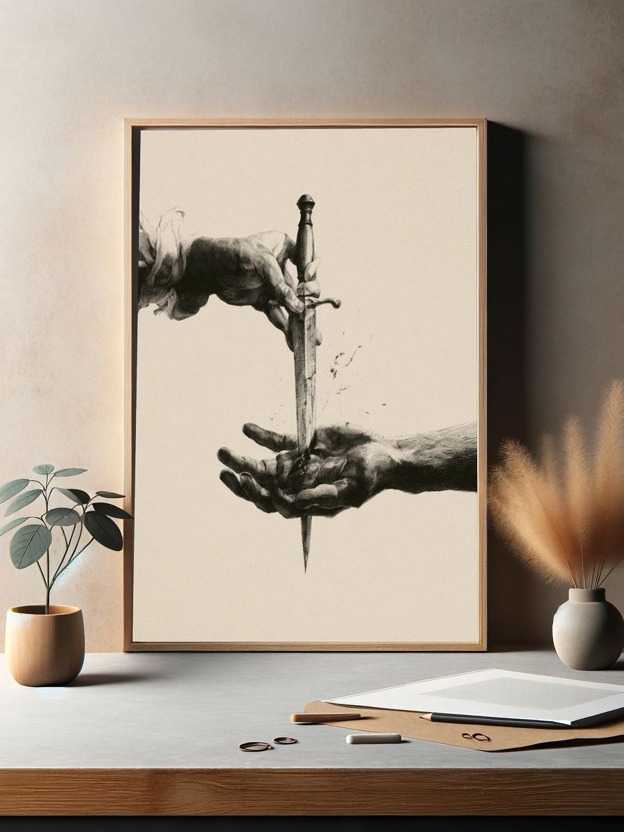 Hands and Dagger Surrealism Print. — room view 2