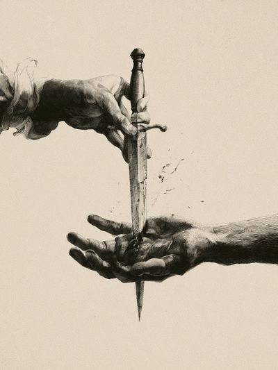 Hands and Dagger Surrealism Print. poster