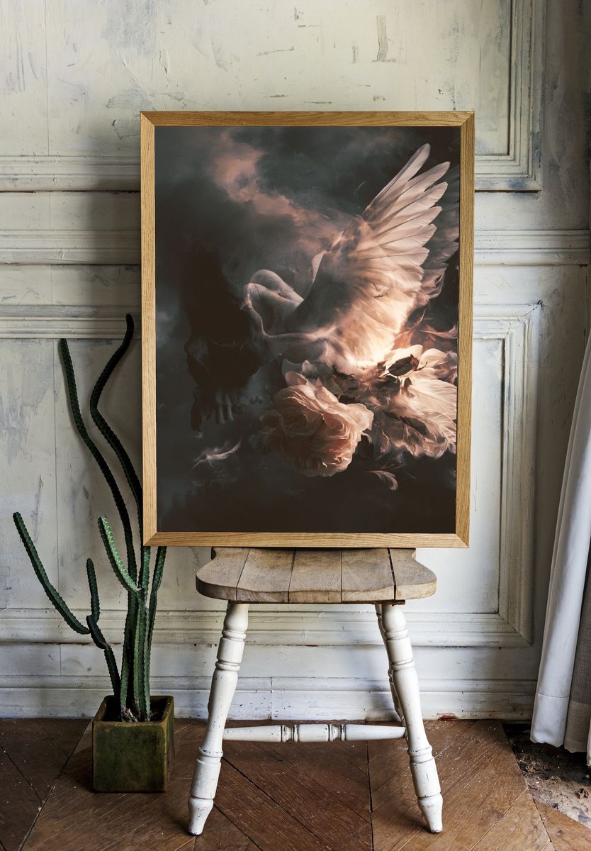 Dove and Roses Surrealism Poster. room preview