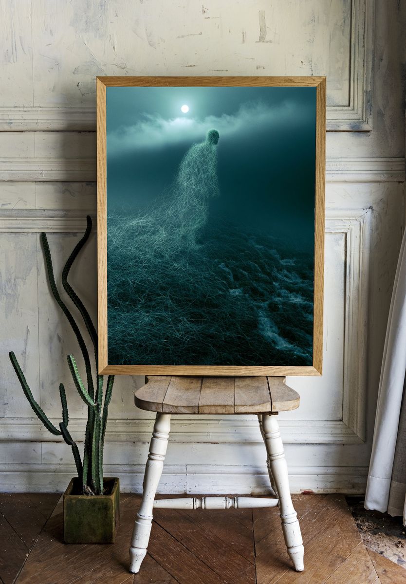 Moonlit Wire Figure Surrealism Print. room preview