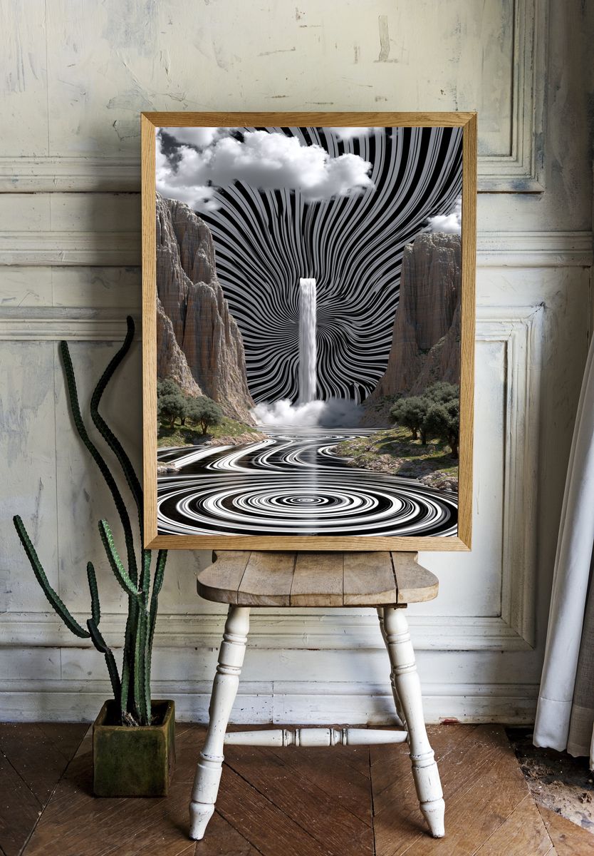 Surreal Canyon Waterfall Print. room preview