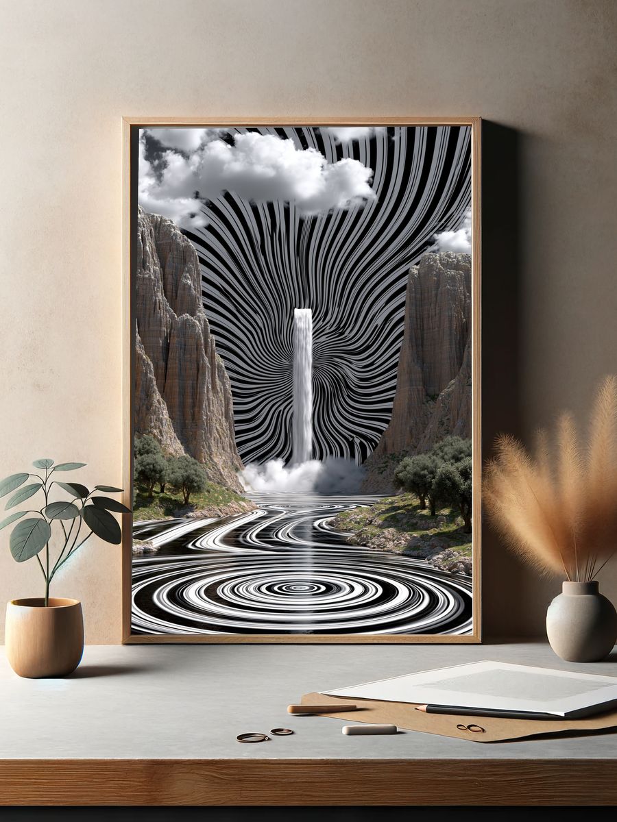 Surreal Canyon Waterfall Print. — room view 2