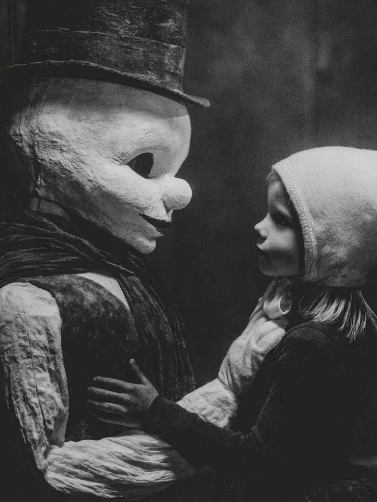 Creepy Doll Encounter Black-White Poster. poster detail
