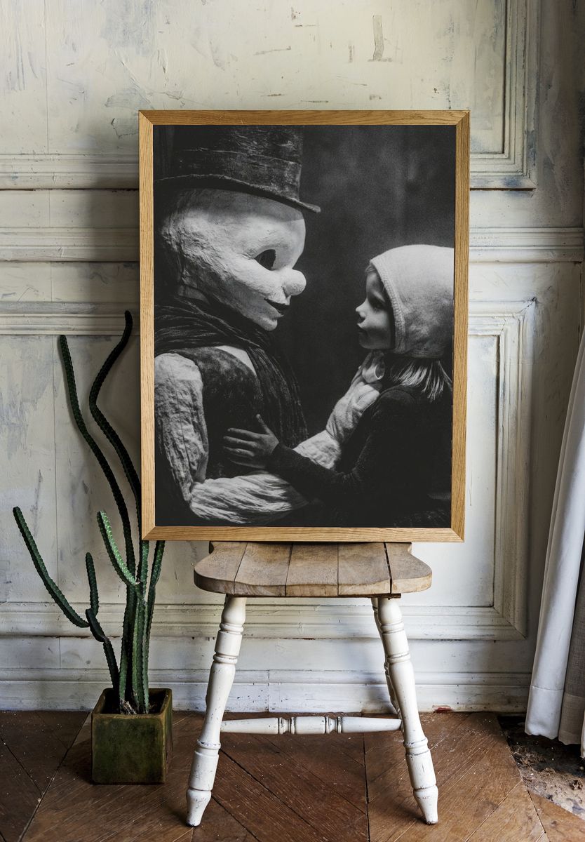 Creepy Doll Encounter Black-White Poster. — room view 1