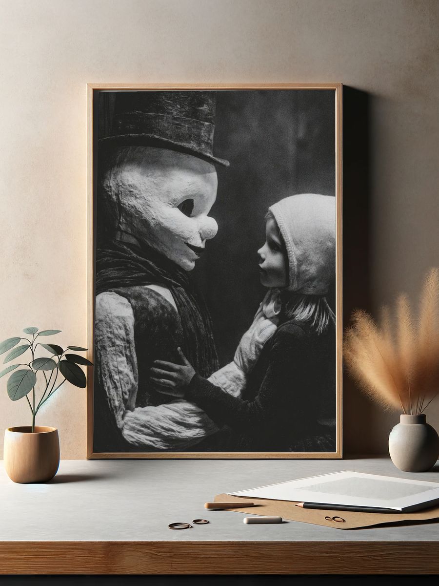 Creepy Doll Encounter Black-White Poster. — room view 2