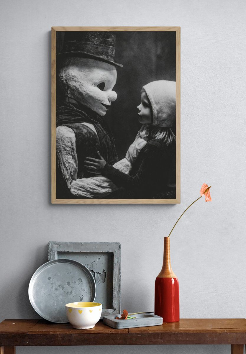 Creepy Doll Encounter Black-White Poster. — room view 3
