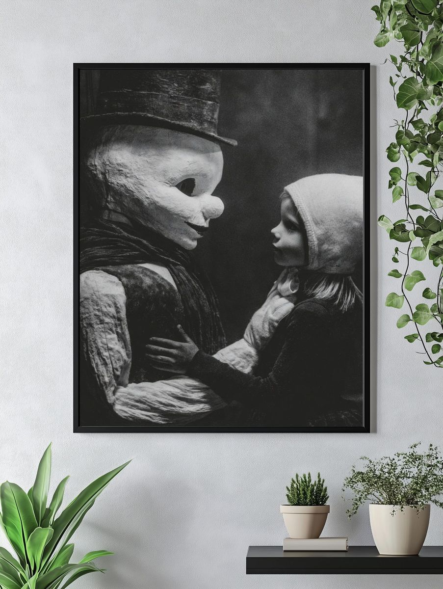 Creepy Doll Encounter Black-White Poster. — room view 4