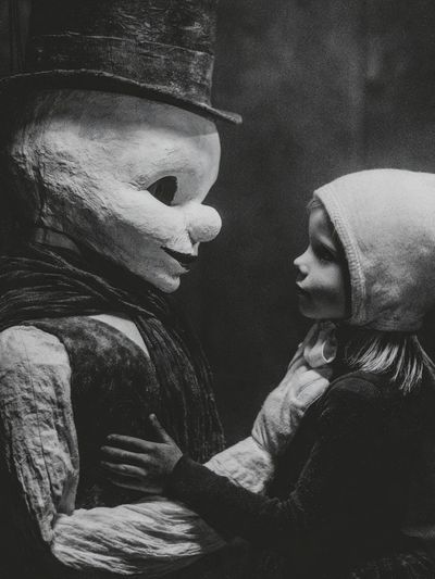Creepy Doll Encounter Black-White Poster.