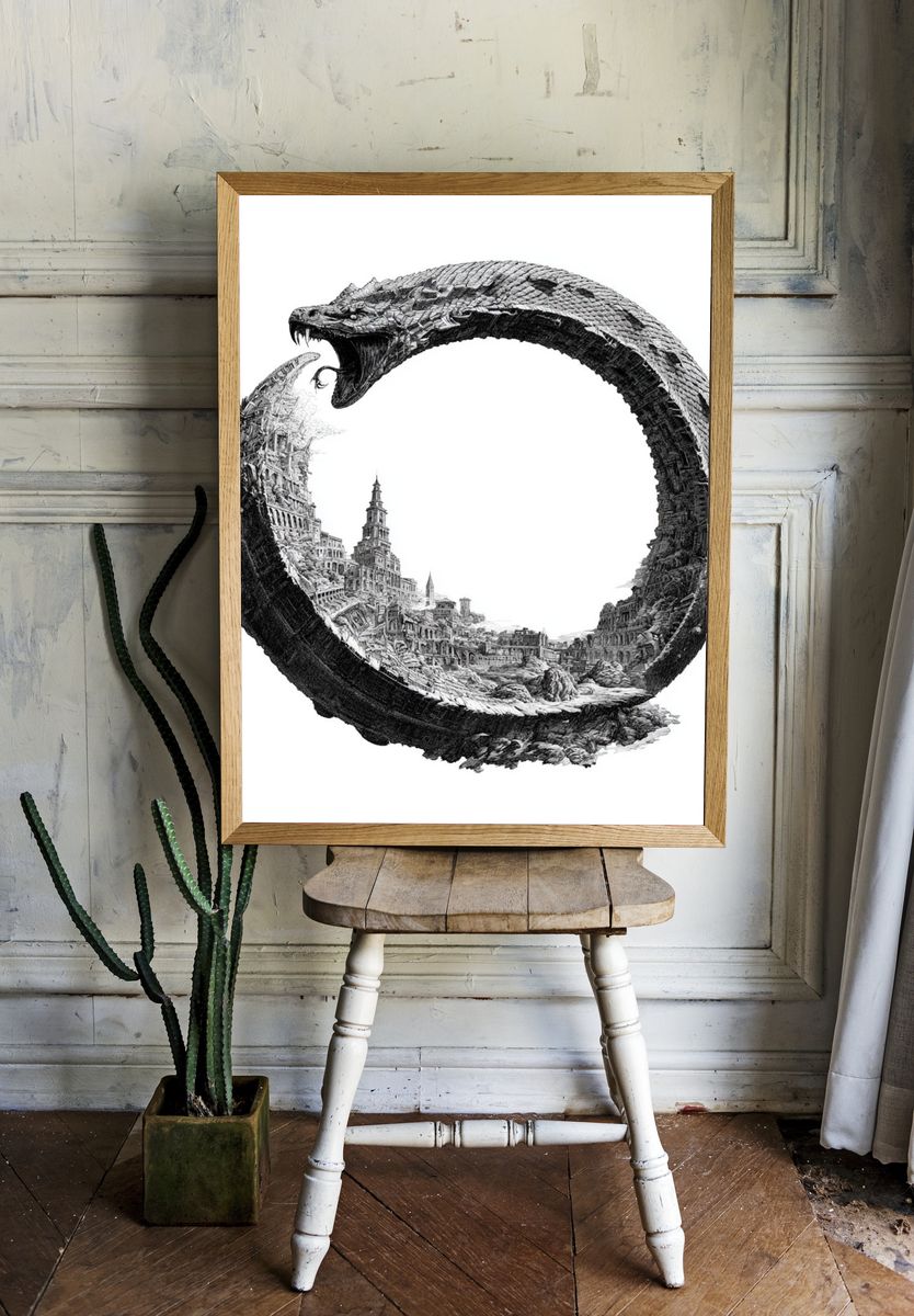 Serpent Ruins Surrealism Print. room preview