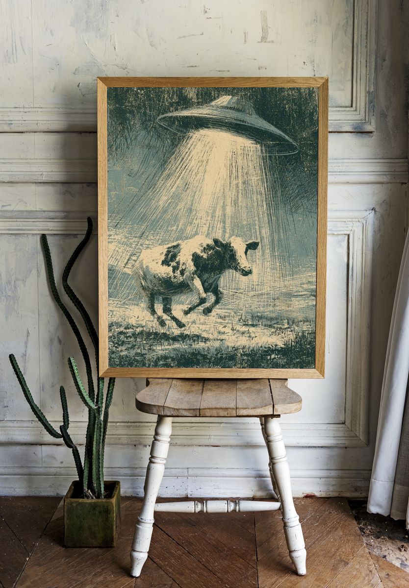 UFO Cow Surrealism Print. — room view 1