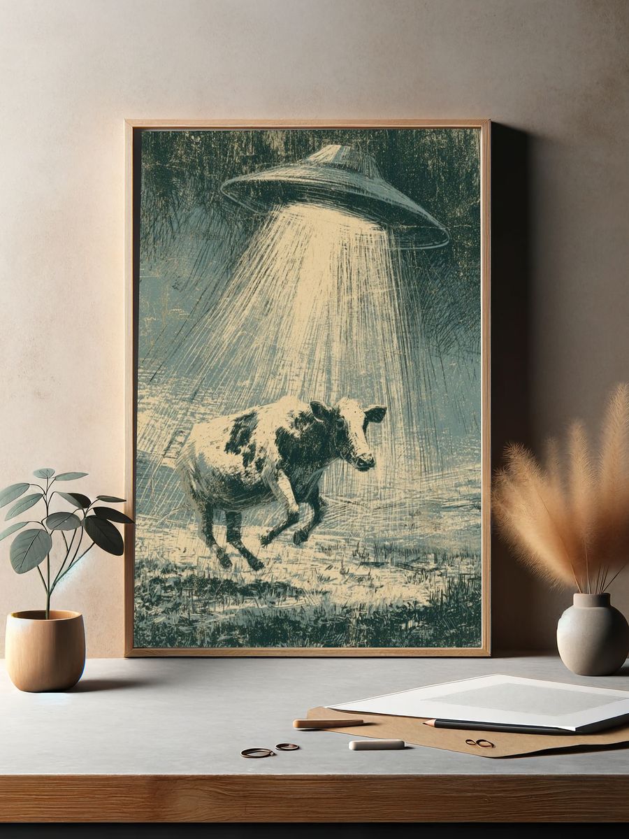 UFO Cow Surrealism Print. — room view 2