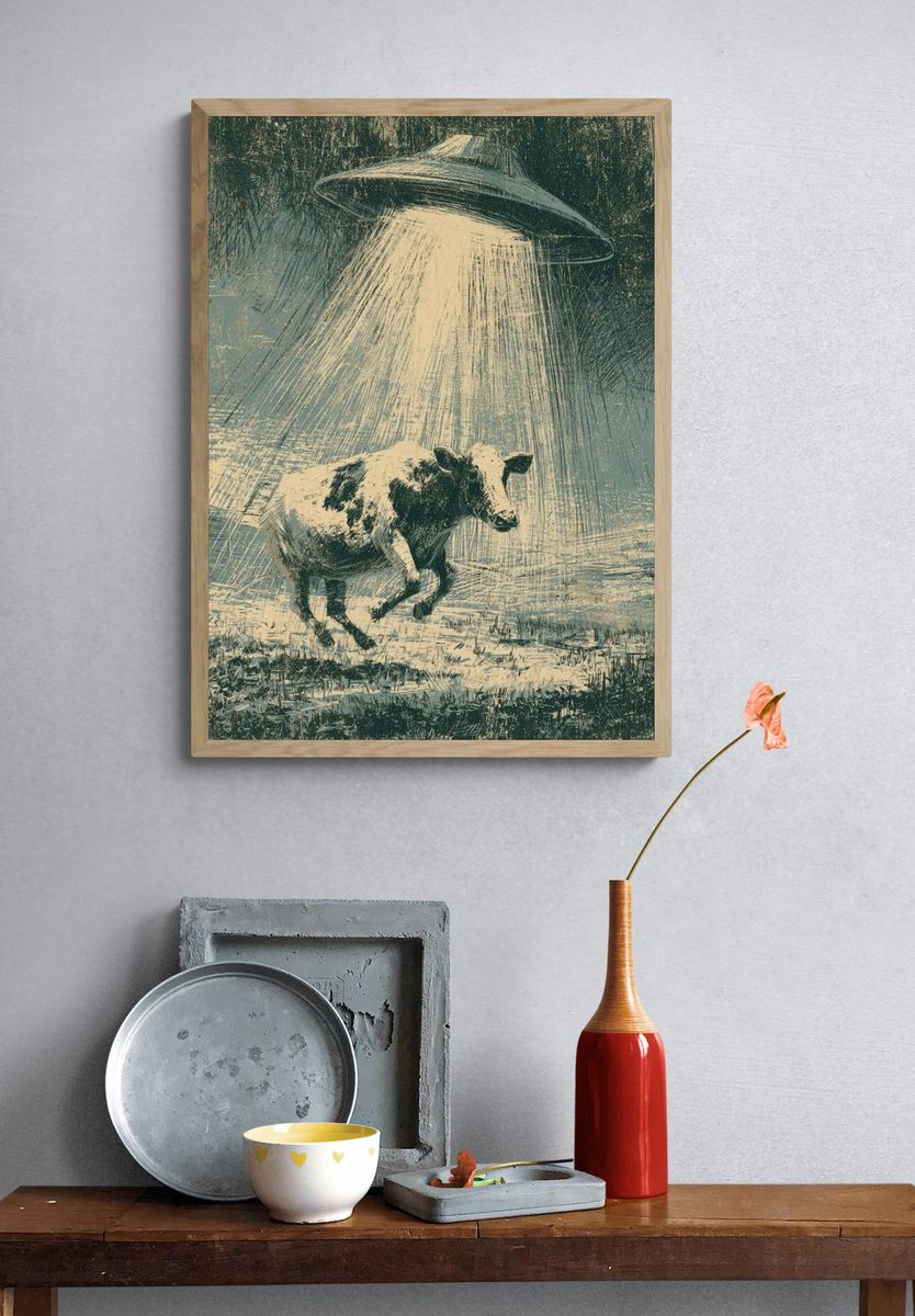 UFO Cow Surrealism Print. — room view 3