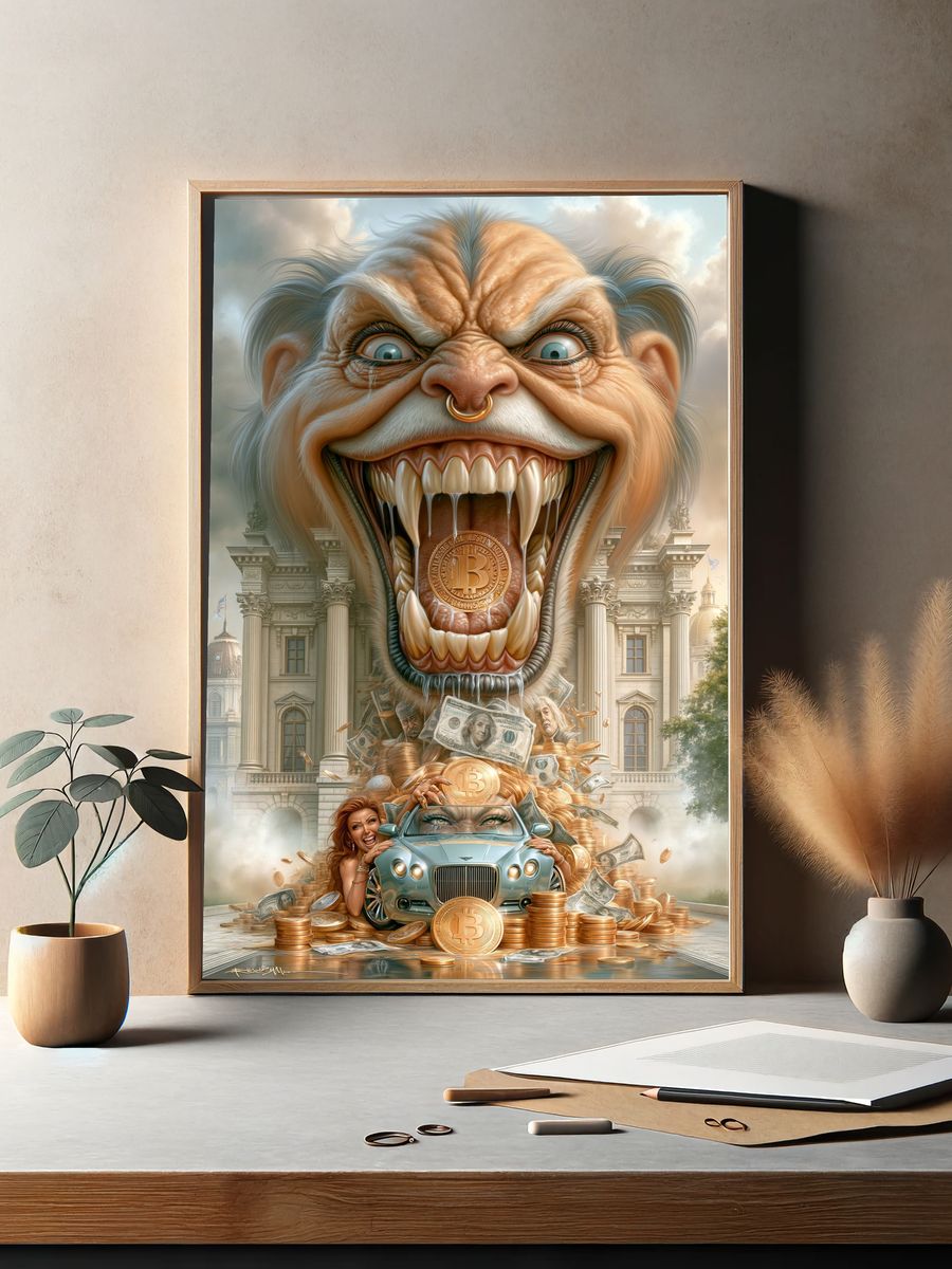 Crypto Greed Surrealism Poster. — room view 2