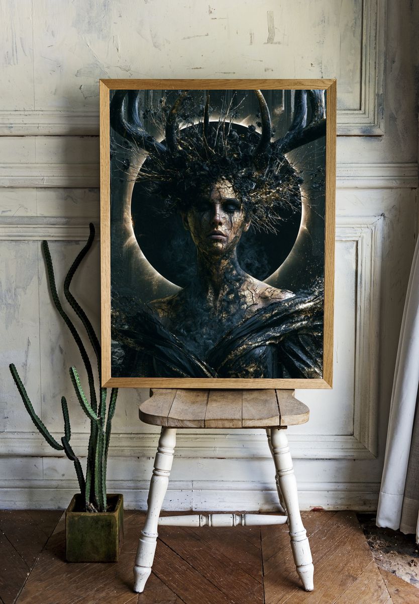 Dark Forest Goddess Surrealism Print. room preview