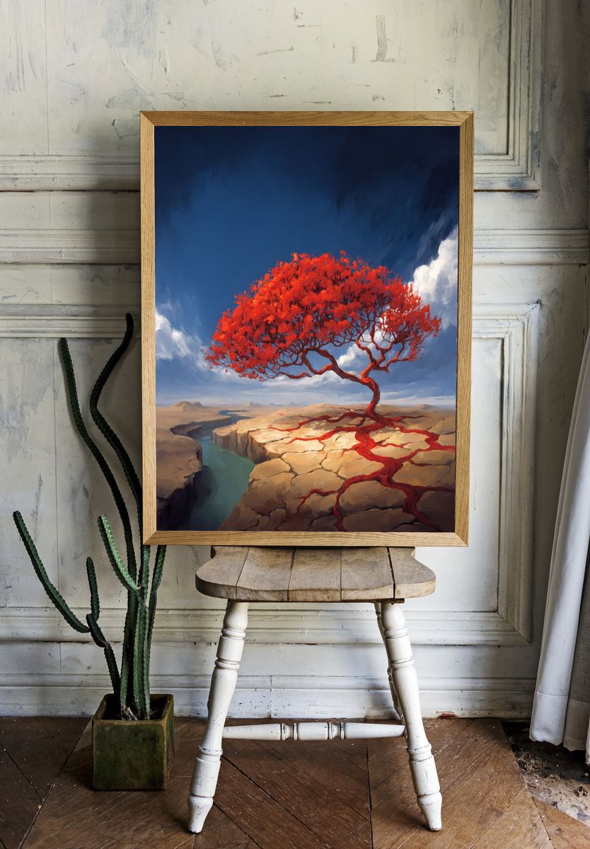 Red Tree Canyon Surrealism Print. room preview
