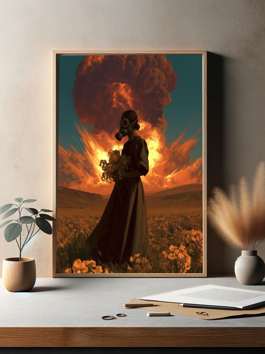 Gas Mask Figure Surrealism Poster. — room view 2