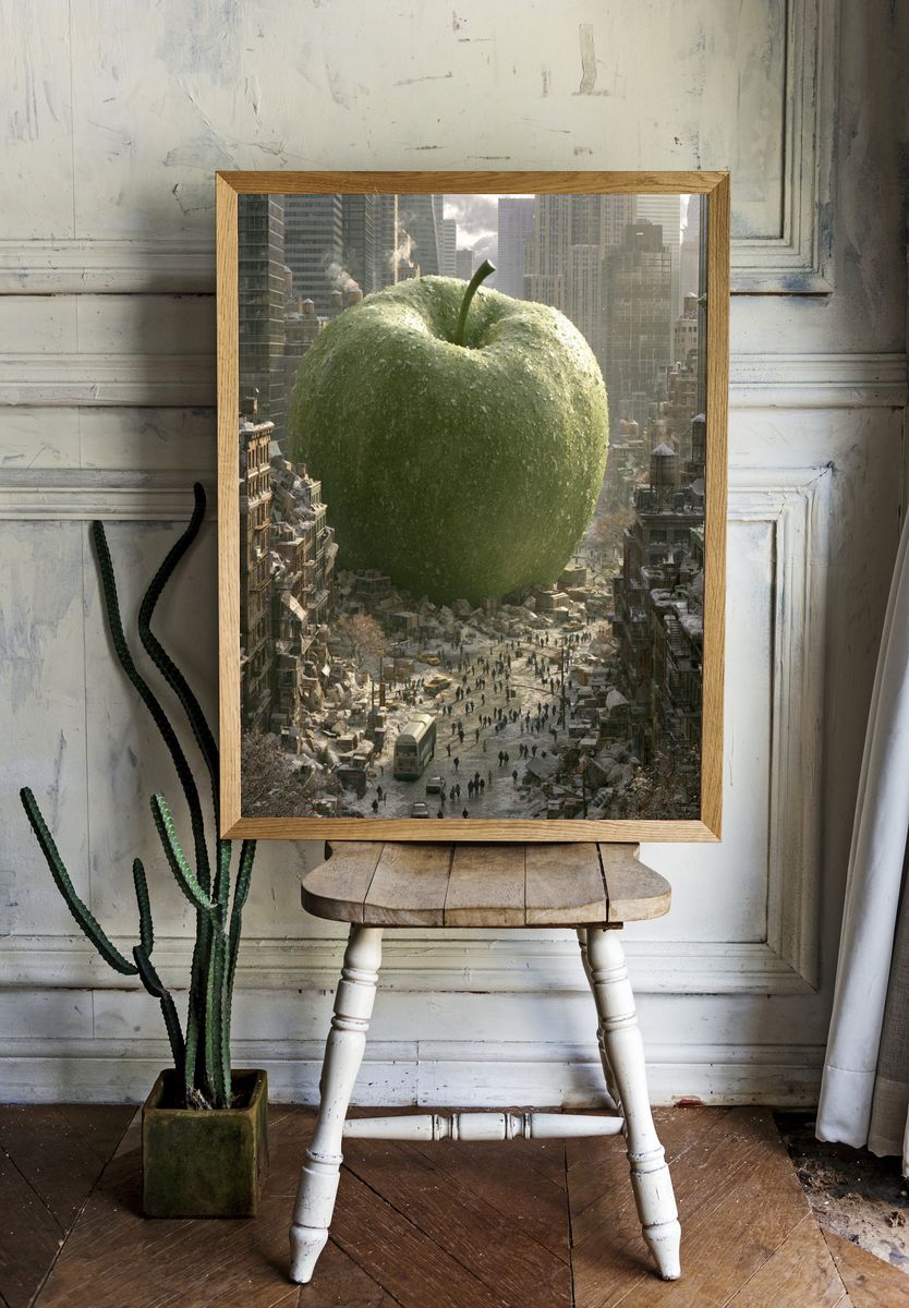 Giant Green Apple Cityscape Print. room preview