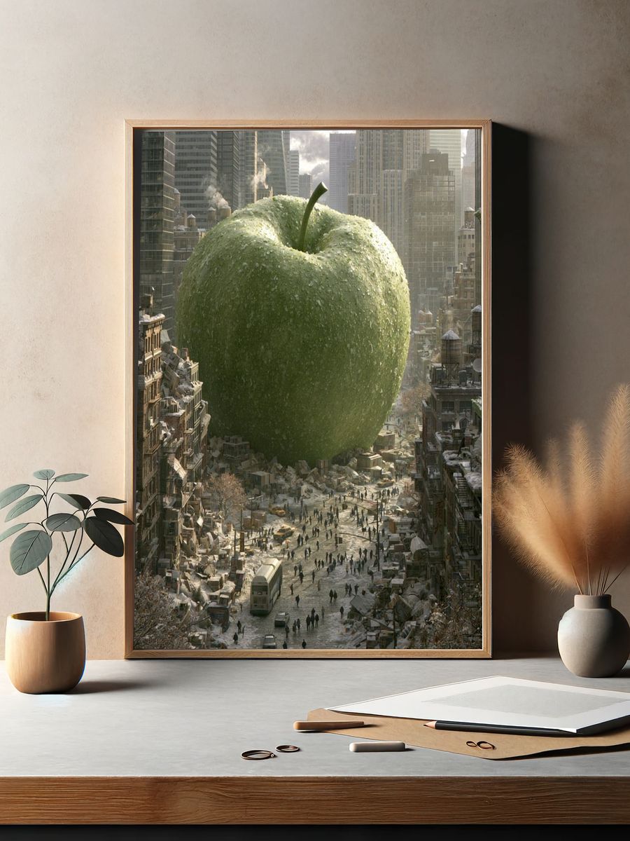 Giant Green Apple Cityscape Print. — room view 2