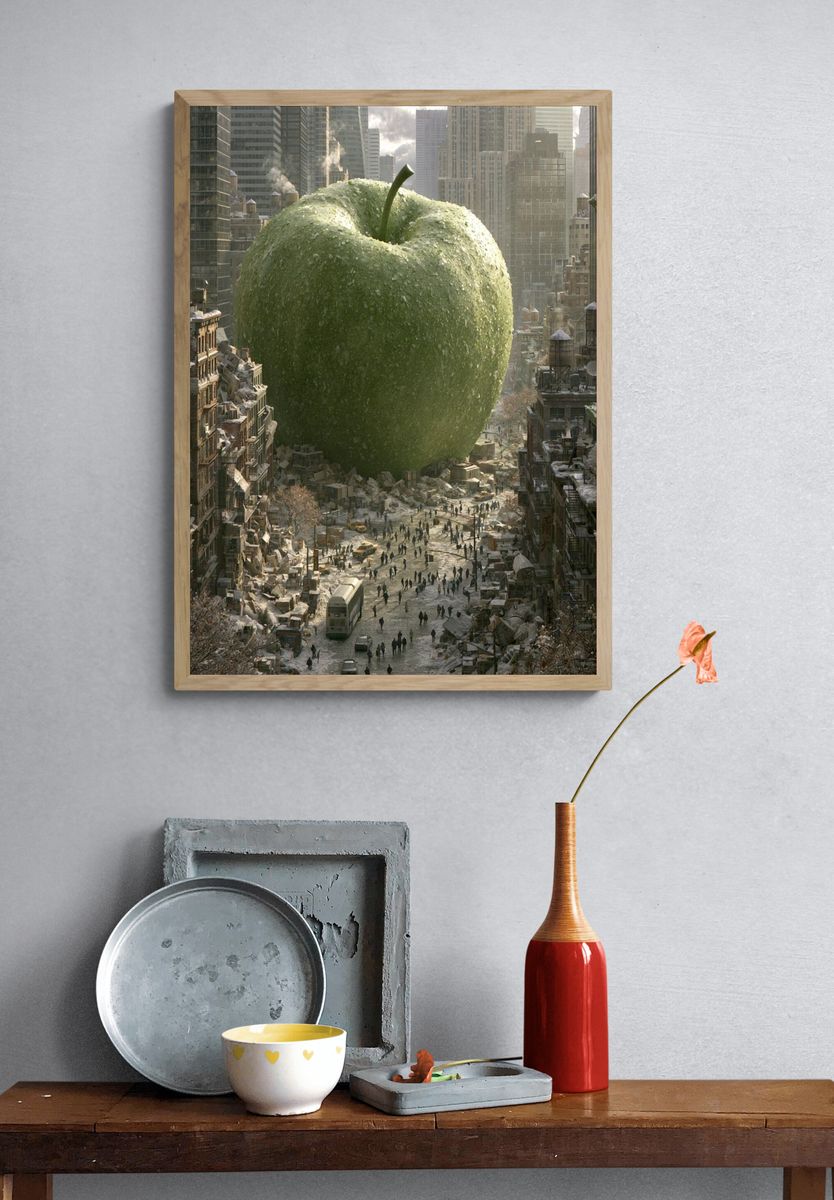 Giant Green Apple Cityscape Print. — room view 3