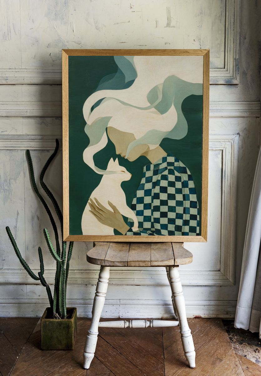 Girl and Cat Surrealist Print. room preview