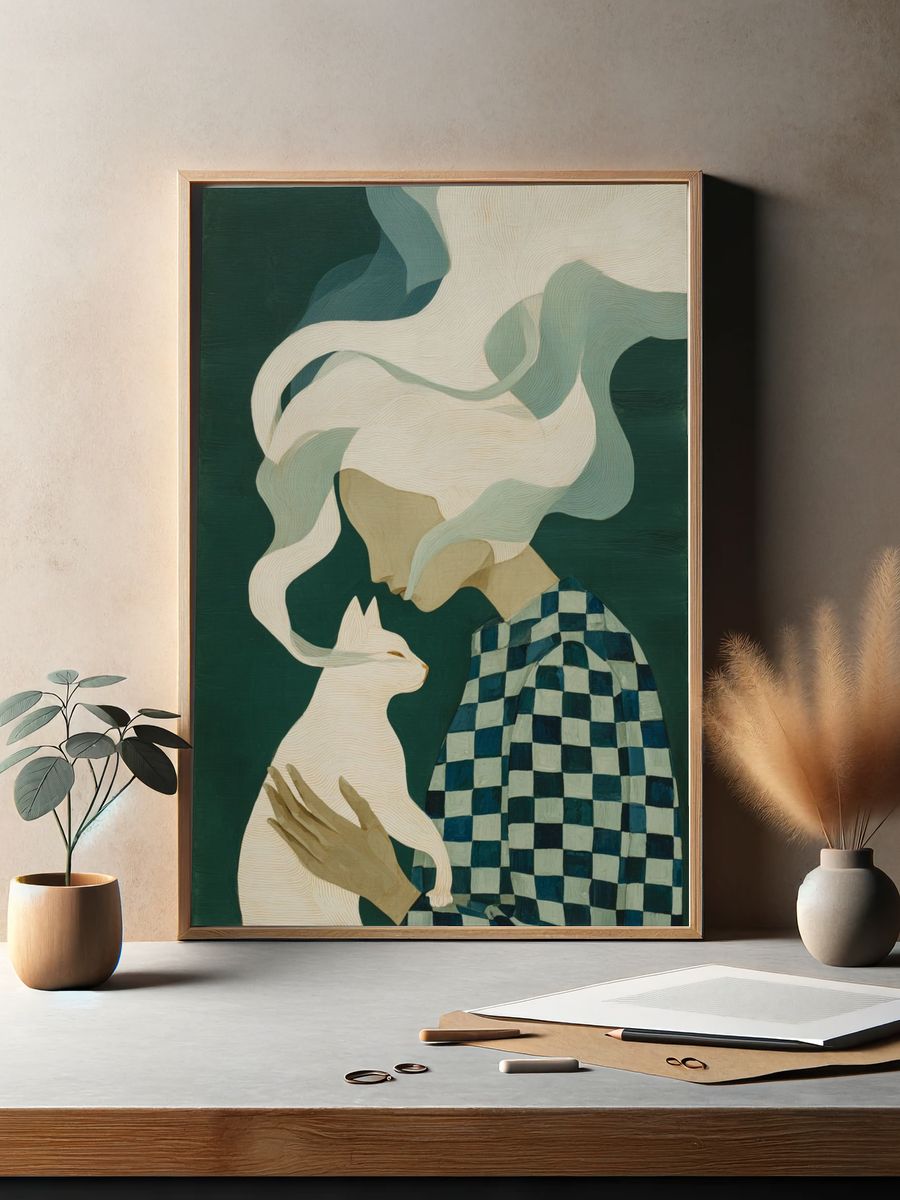 Girl and Cat Surrealist Print. — room view 2