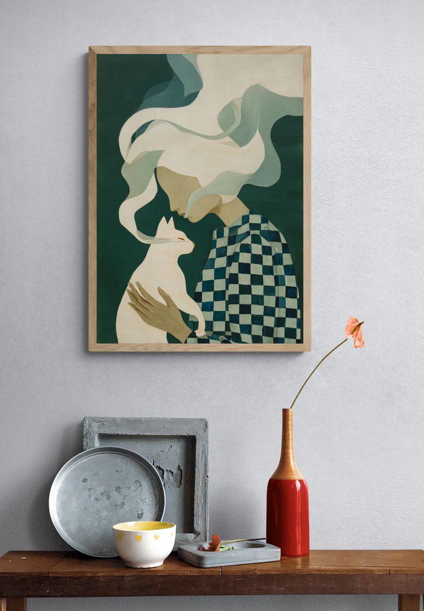 Girl and Cat Surrealist Print. — room view 3