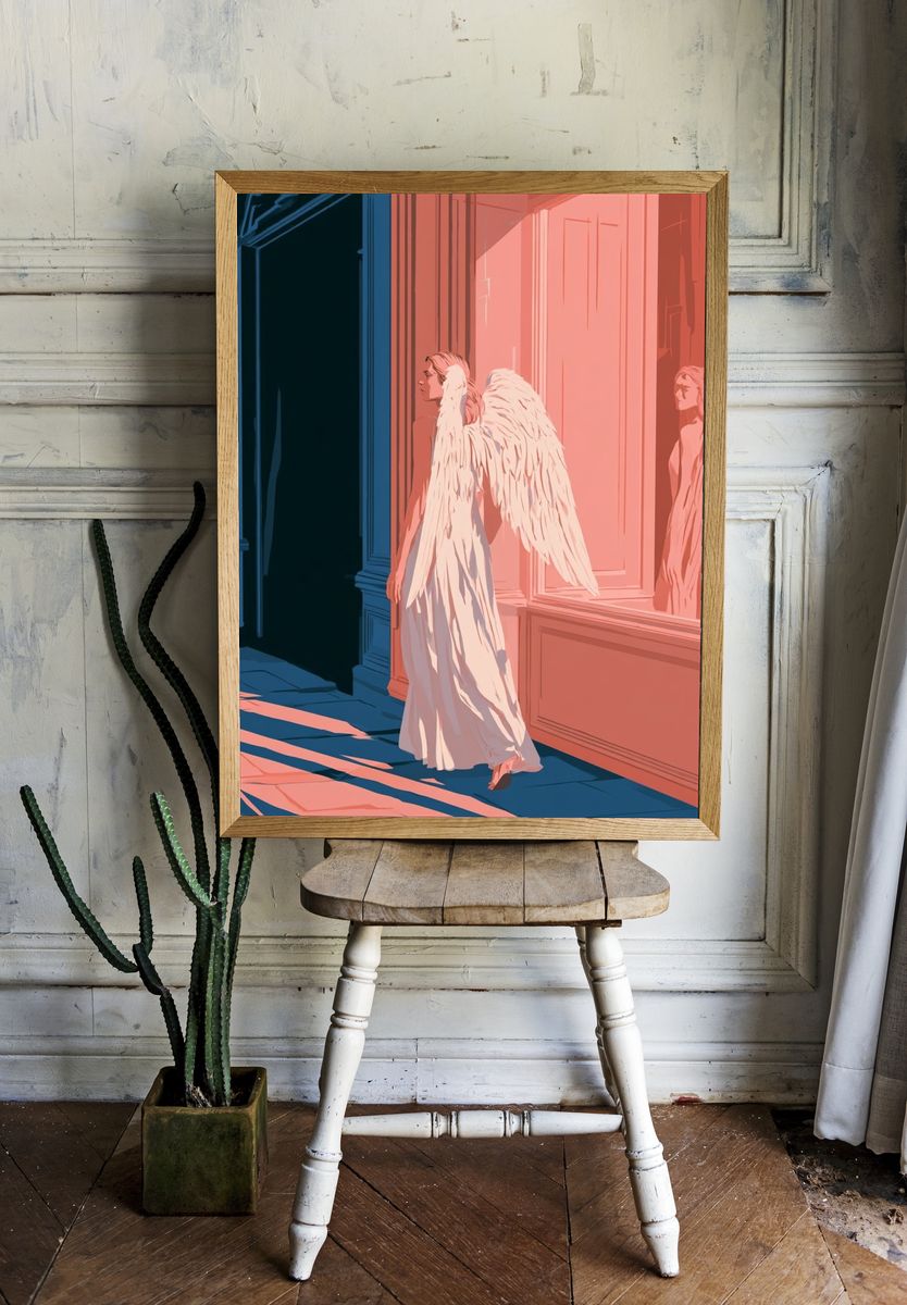 Winged Figure Surrealism Print. room preview