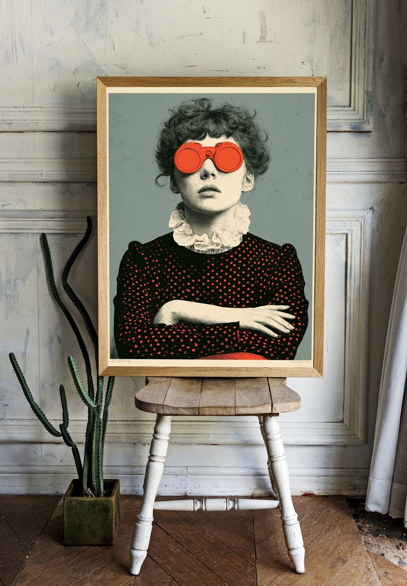 Surreal Woman with Red Binoculars Poster. room preview
