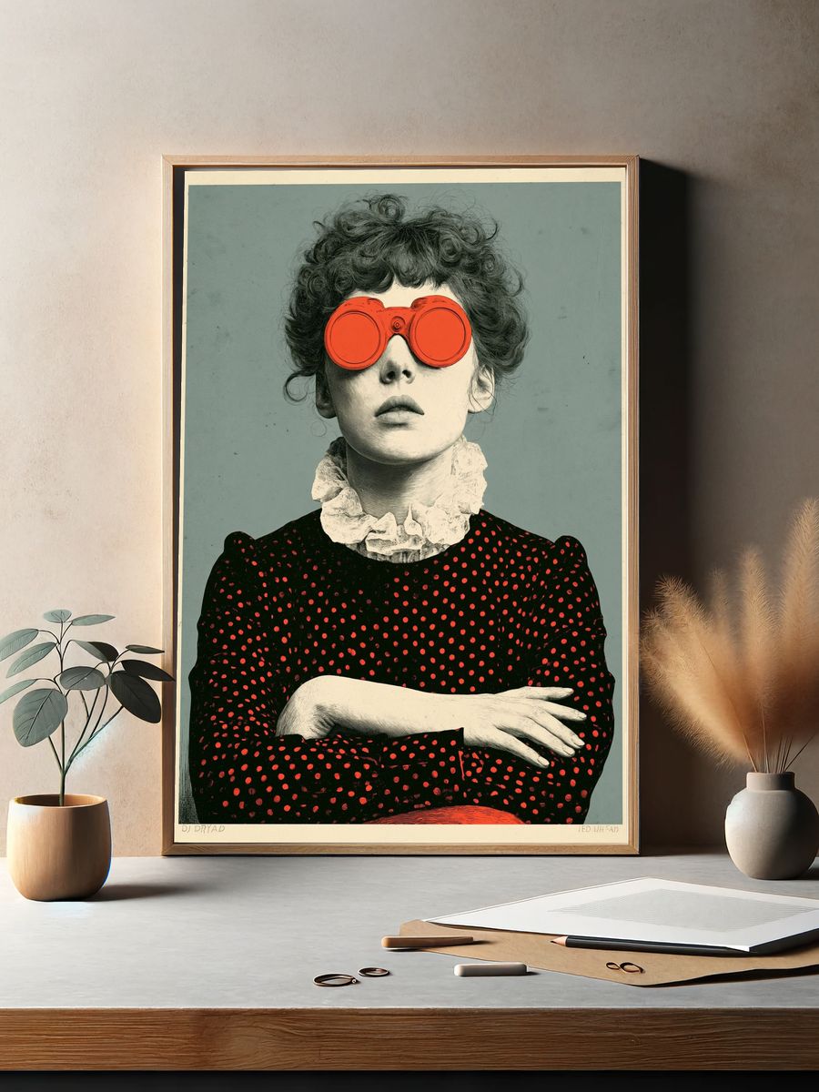 Surreal Woman with Red Binoculars Poster. — room view 2