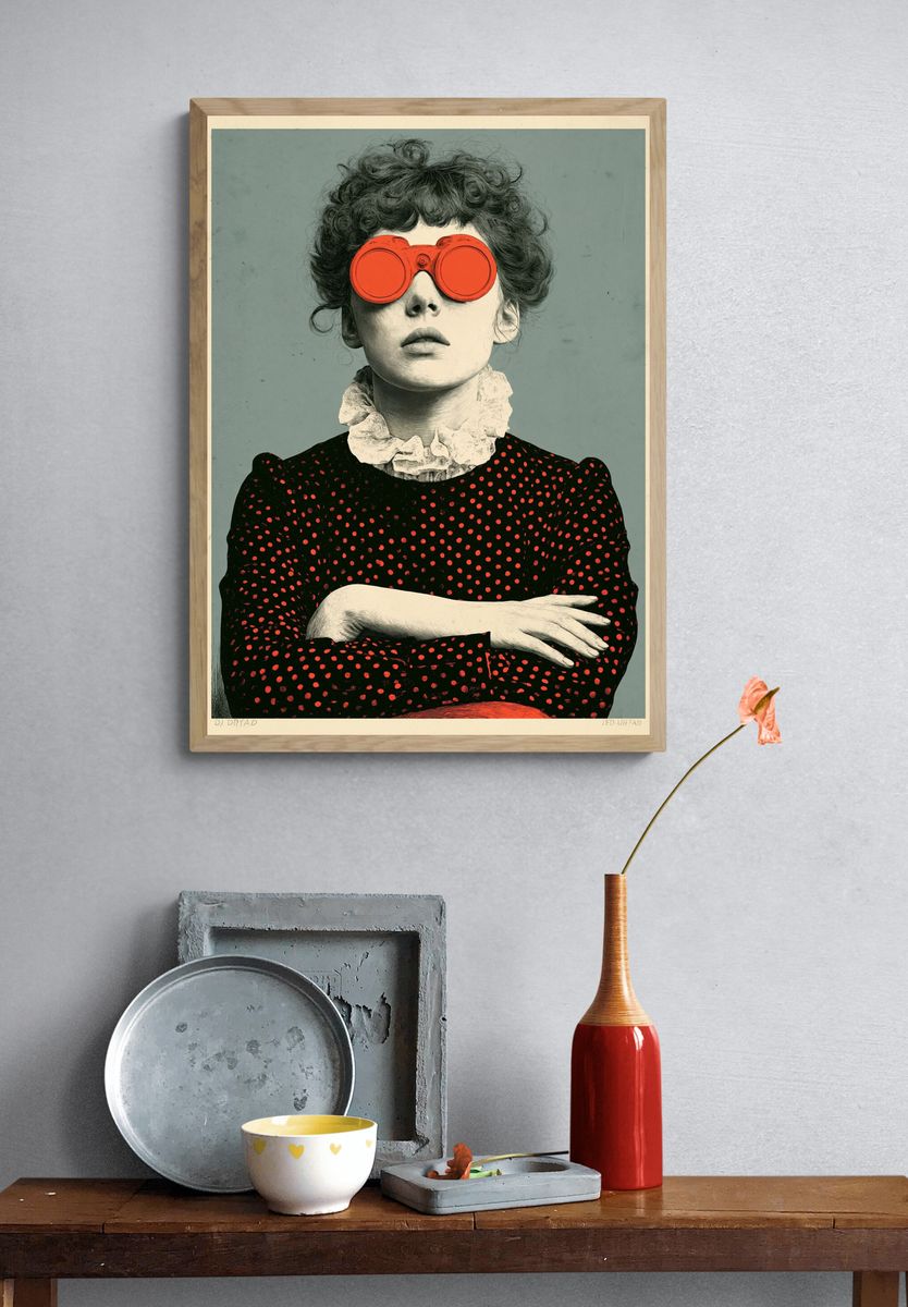 Surreal Woman with Red Binoculars Poster. — room view 3