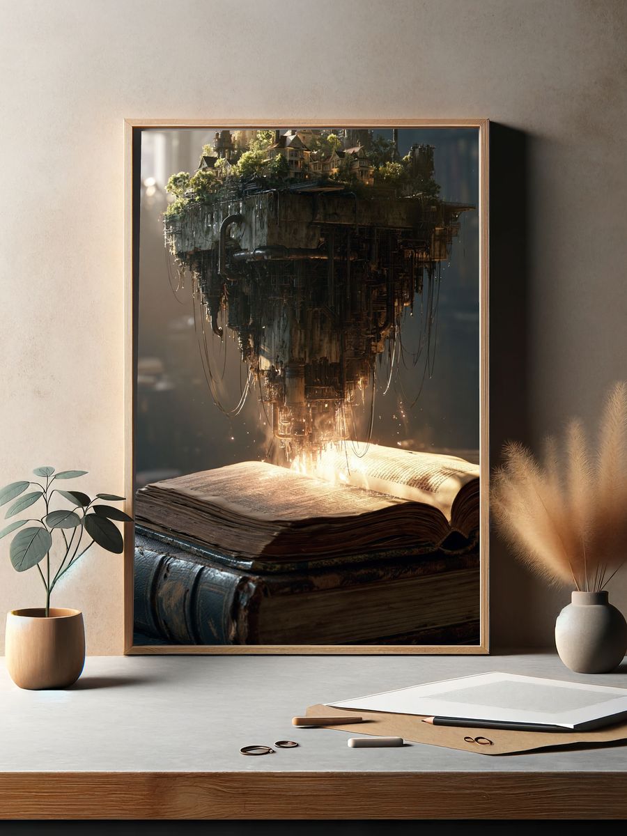Floating Library City Surrealism Print. — room view 2