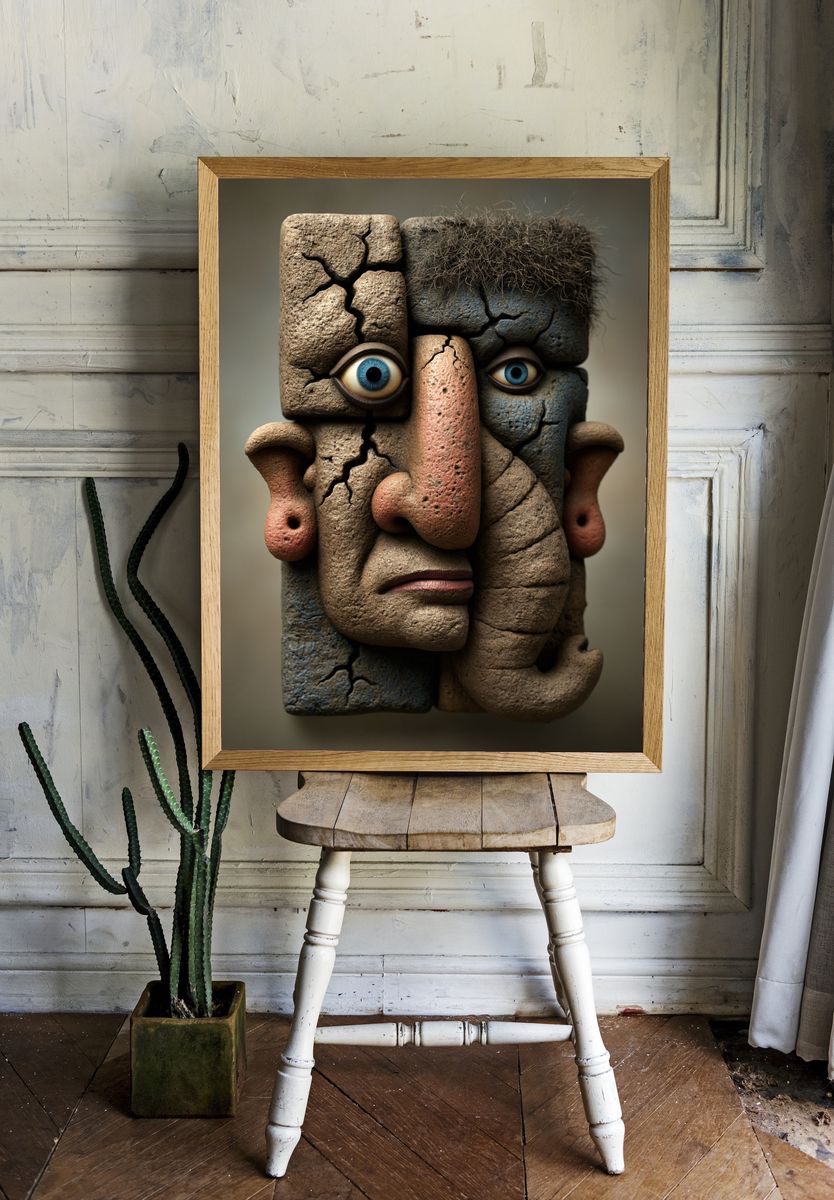 Cracked Stone Face Surrealism Print. room preview