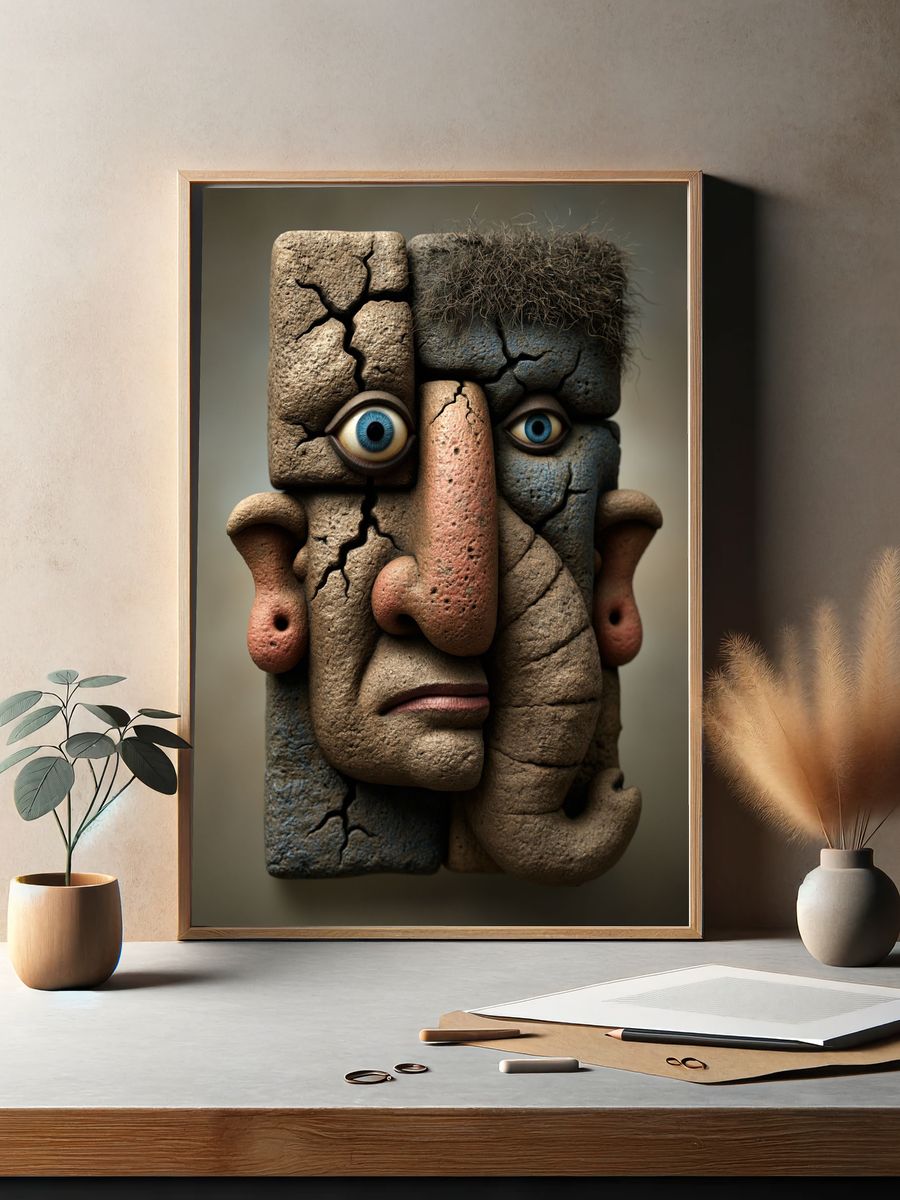 Cracked Stone Face Surrealism Print. — room view 2