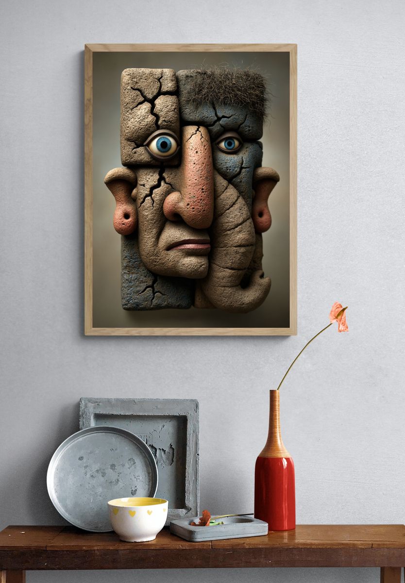 Cracked Stone Face Surrealism Print. — room view 3
