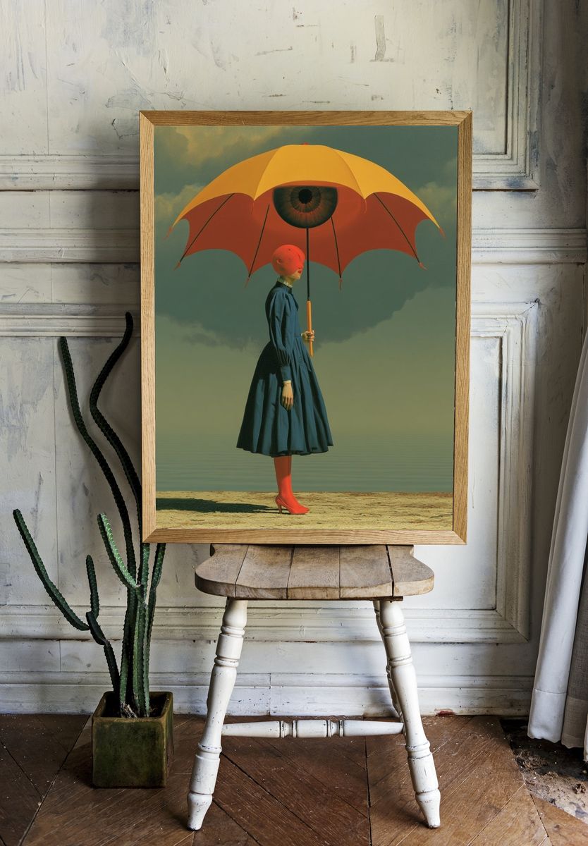 Surreal Umbrella Figure Print. — room view 1