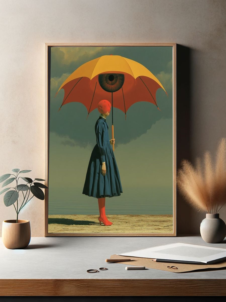 Surreal Umbrella Figure Print. — room view 2