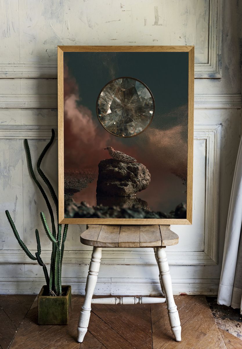 Celestial Bird Surrealism Print. room preview