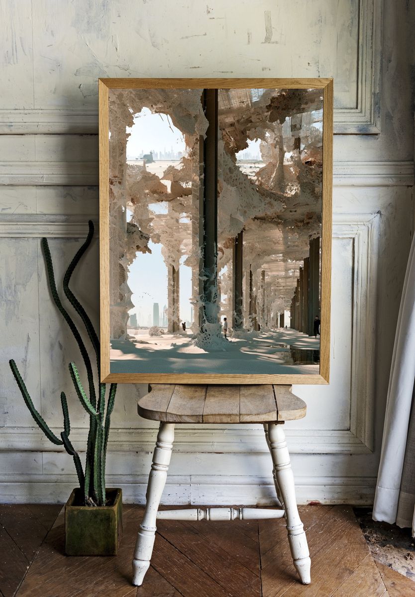 Surreal Desert Colonnade Print. room preview
