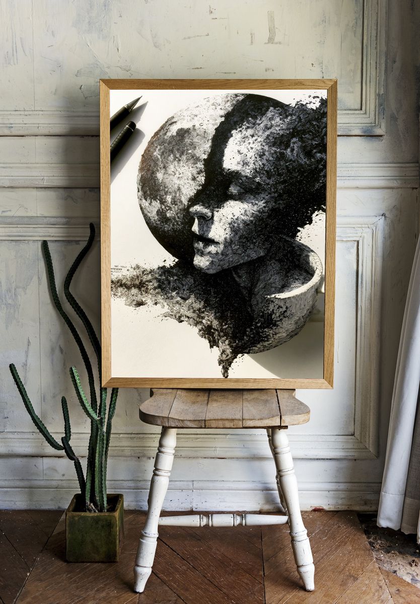 Surreal Moon Portrait Print. room preview