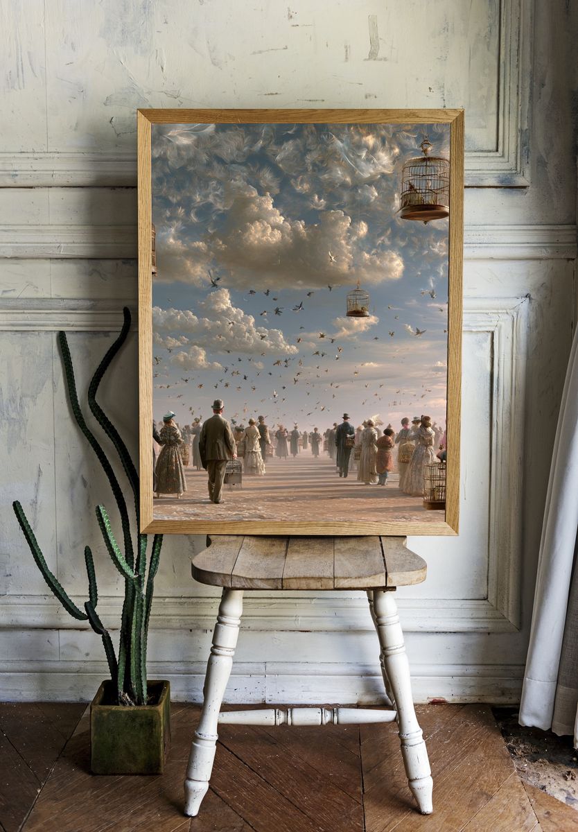 Surreal Birdcage Sky Poster. — room view 1