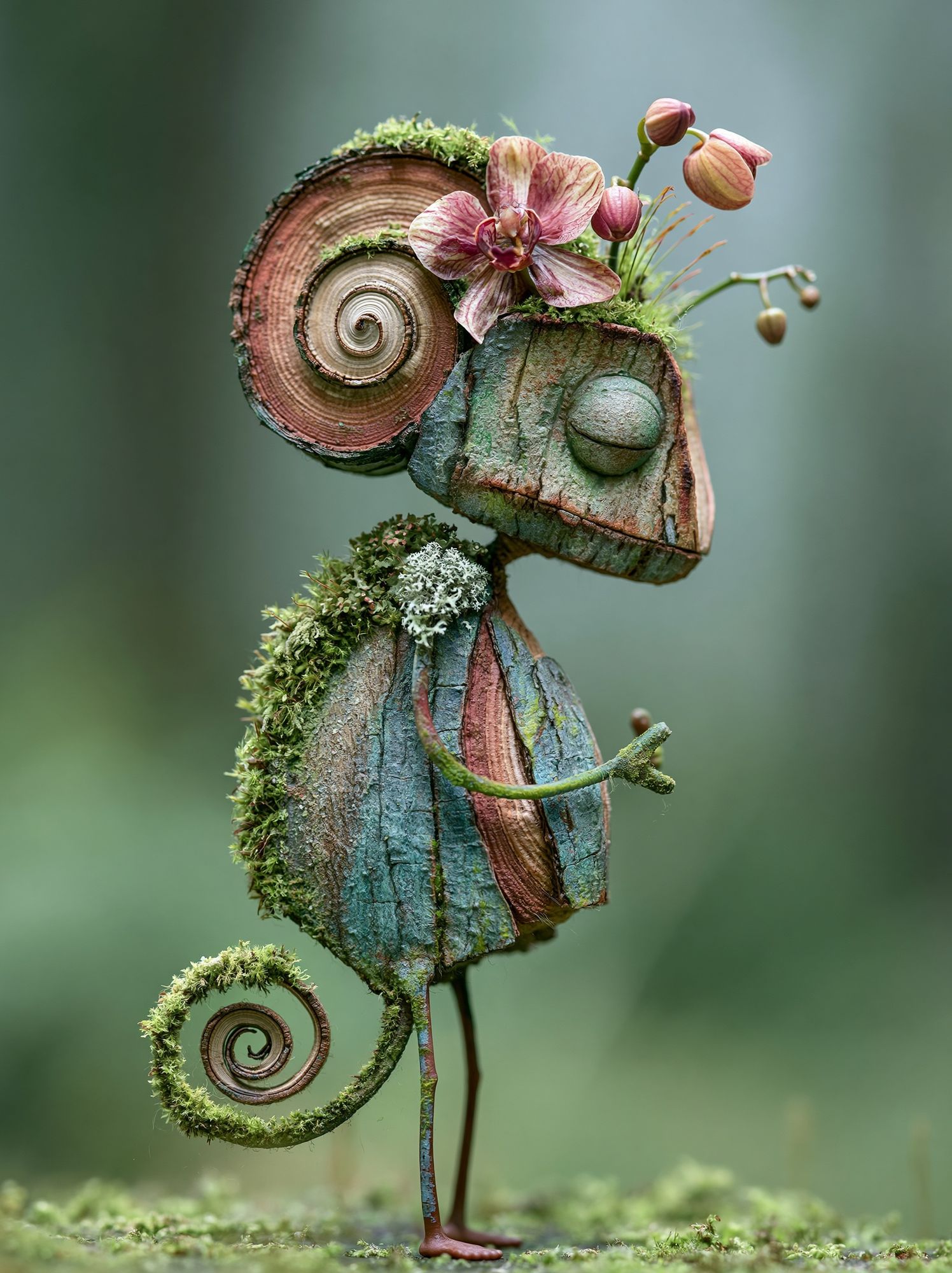 Whimsical Moss Chameleon Print. poster — fine-art art