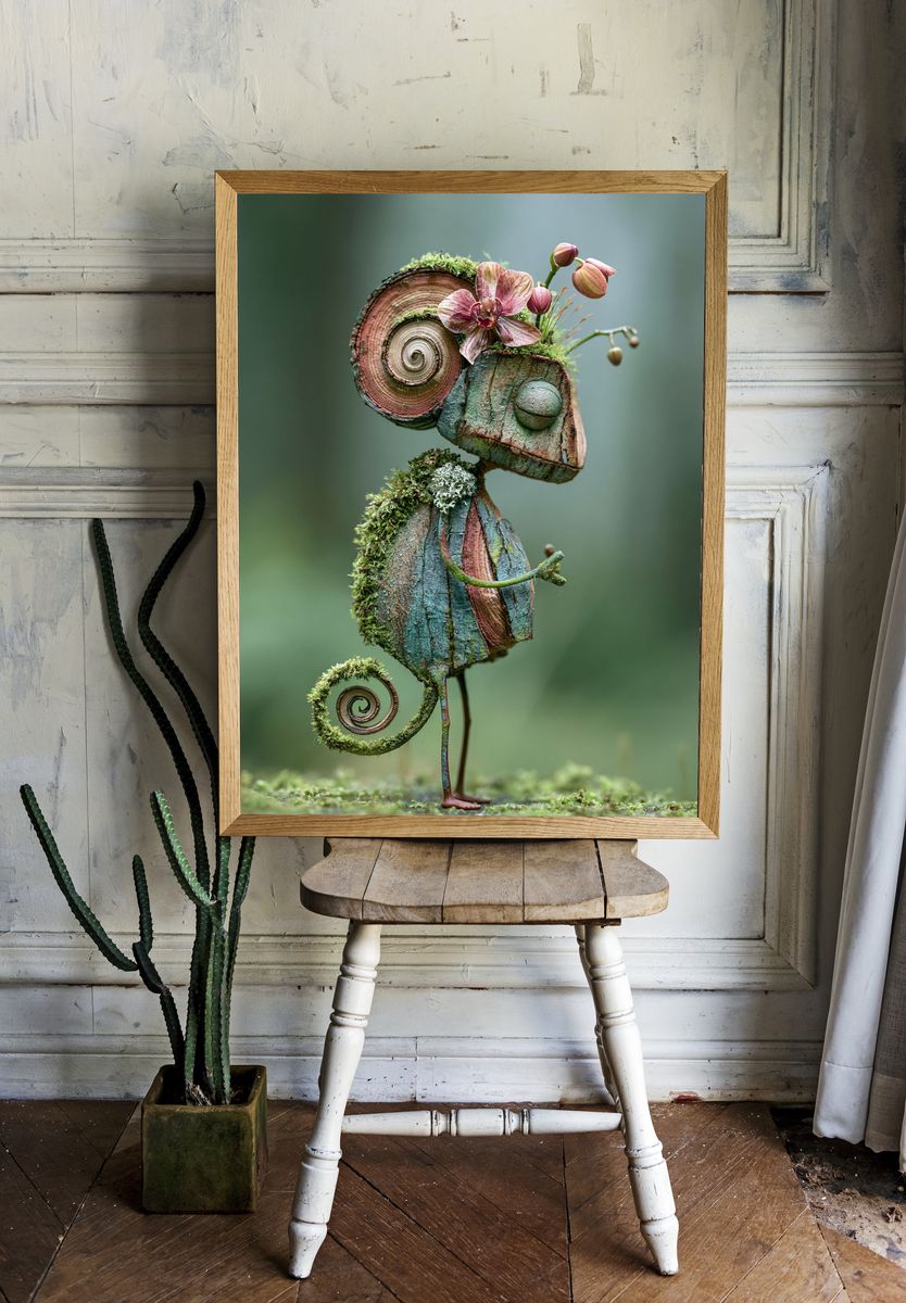 Whimsical Moss Chameleon Print. room preview