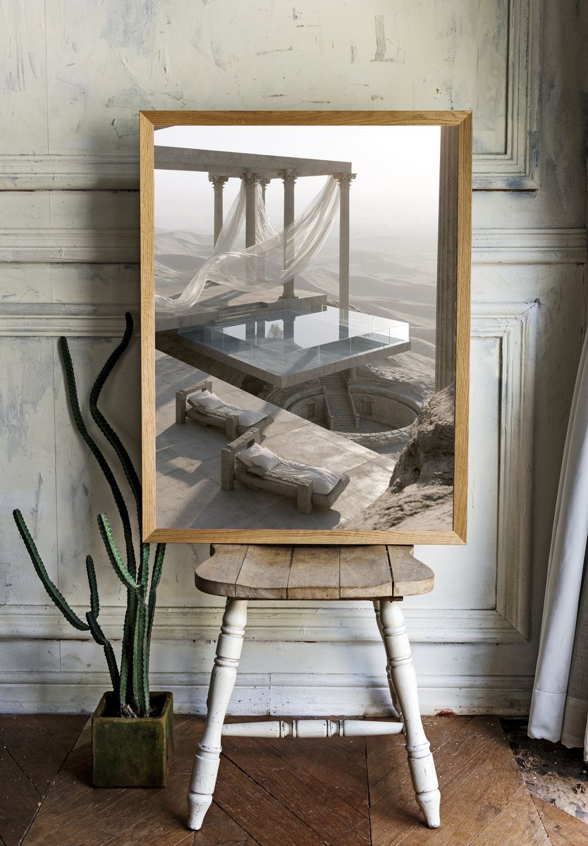 Desert Temple Ruins Print. room preview
