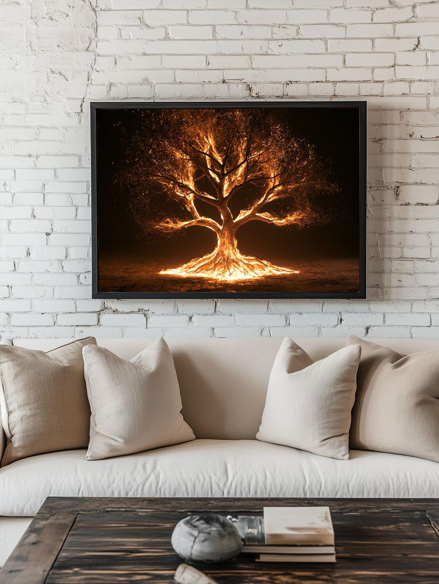 Burning Tree Surrealism Print. room preview