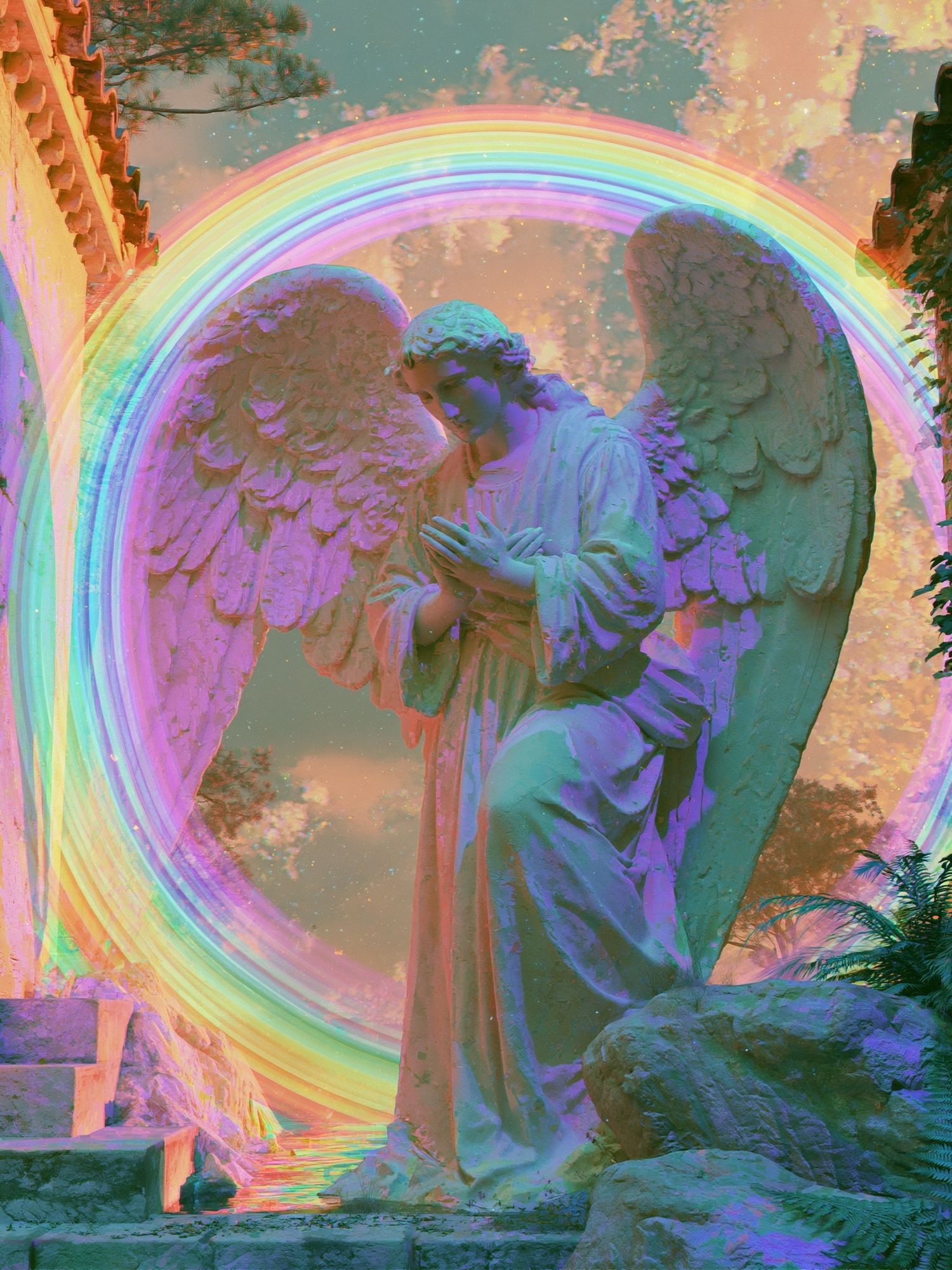Rainbow Angel Statue Surreal Print. poster — fine-art art