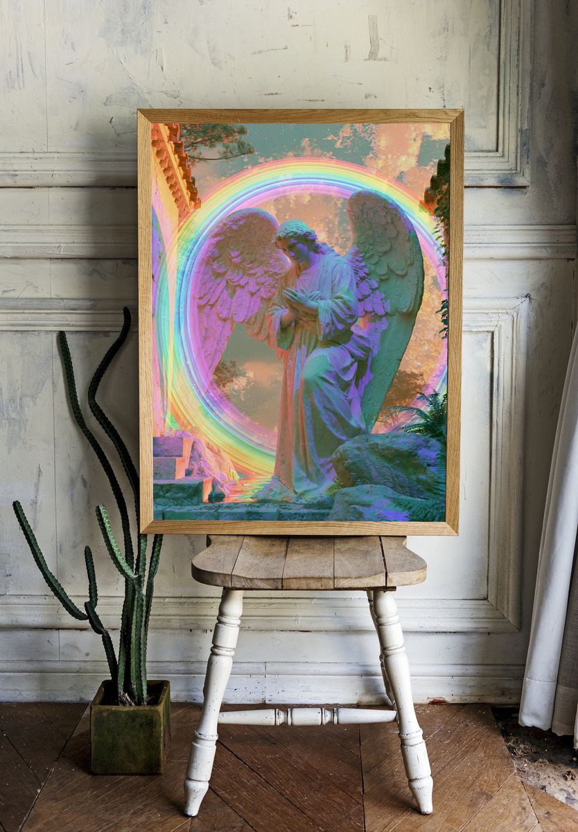 Rainbow Angel Statue Surreal Print. — room view 1
