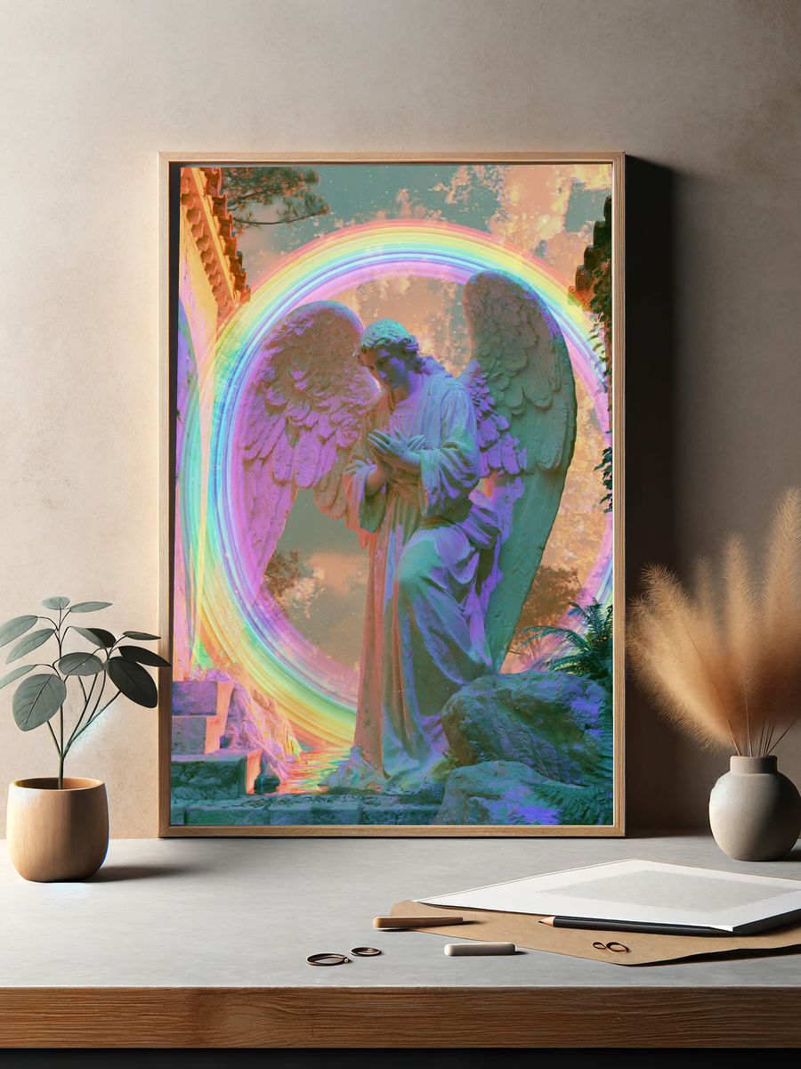 Rainbow Angel Statue Surreal Print. — room view 2
