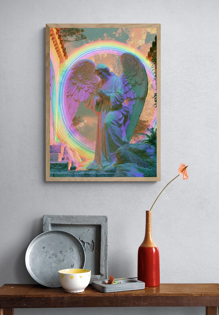 Rainbow Angel Statue Surreal Print. — room view 3
