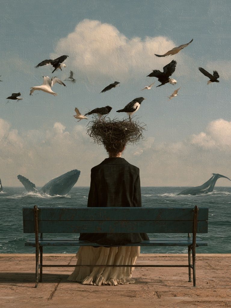 Surreal Seaside Bench Poster. poster — fine-art art